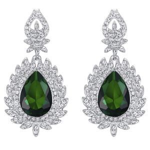 Silver with Emerald Green and Diamond Cubic Zirconia Chandelier Post Earrings